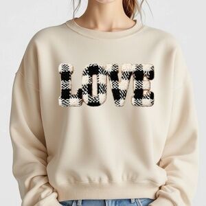Love Valentine's day Sweatshirt S M L XL Stitched Faux Buffalo plaid knit new